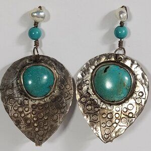 Blue Turquoise Hammered Tribal Style 925 Sterling Silver Dangle Earrings